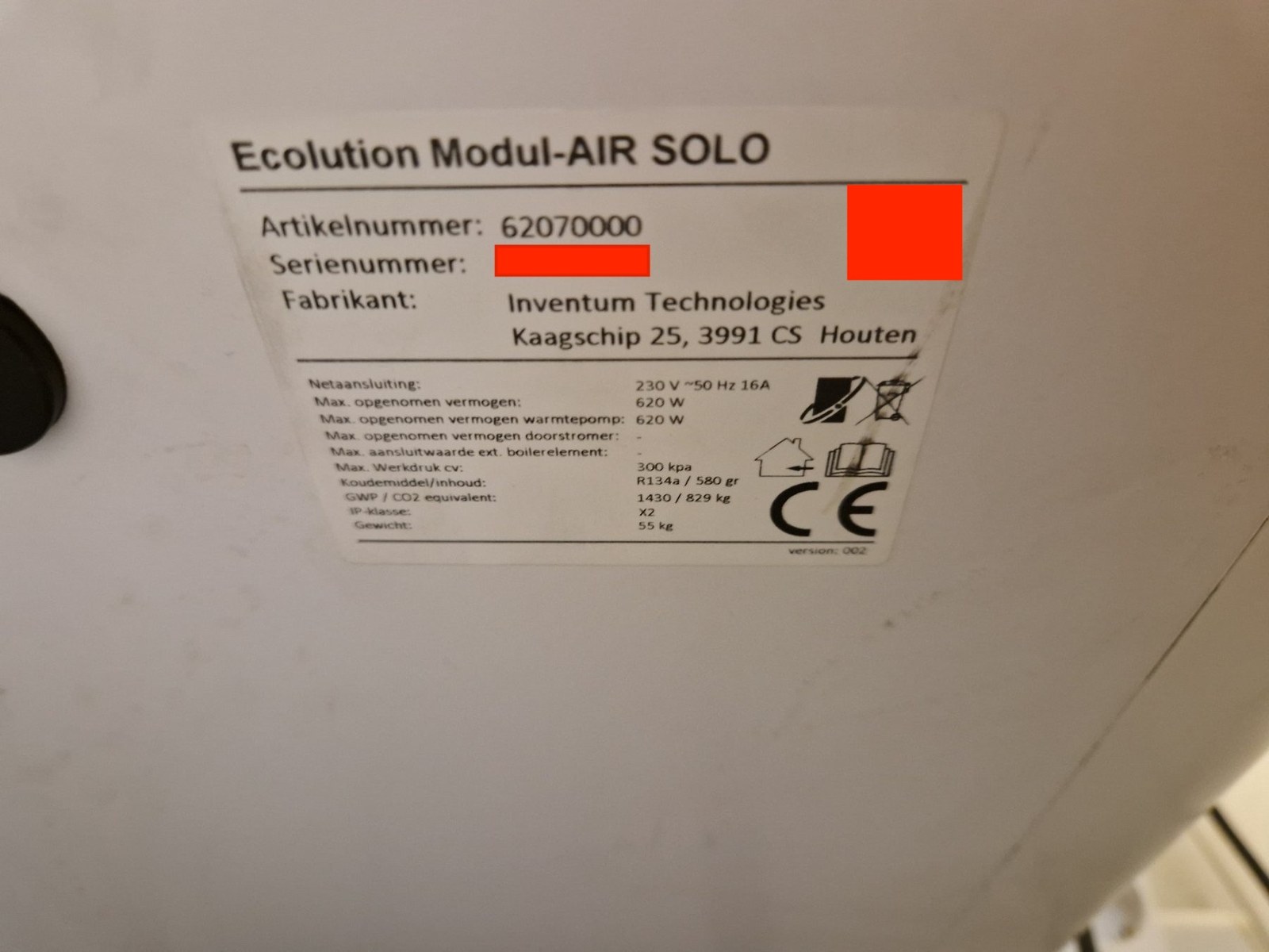 Typeplaat van een Inventum Ecolution Modul-AIR SOLO